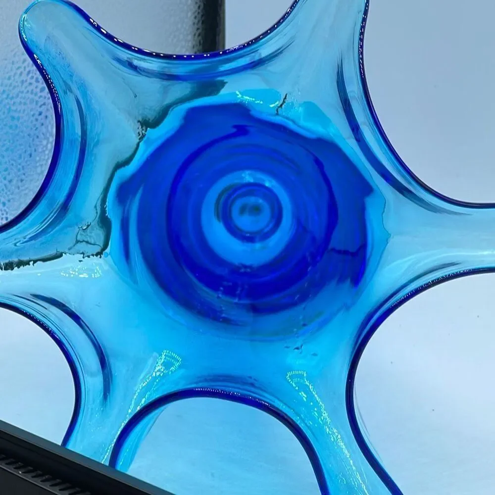 MCM Bischoff Glass Company Peacock blue ruffled hand blow art glass Vase.